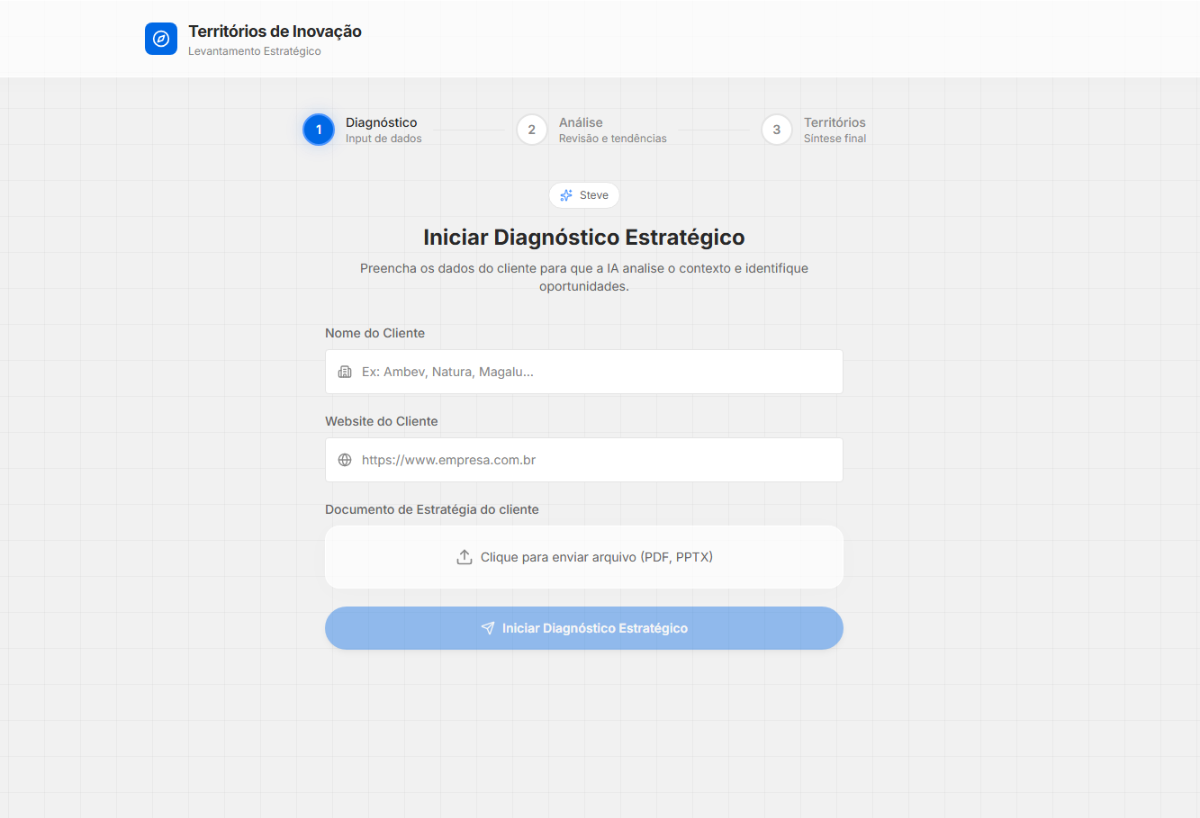 Tela do Passo 1 - Preenchimento do Nome, Site e Documento